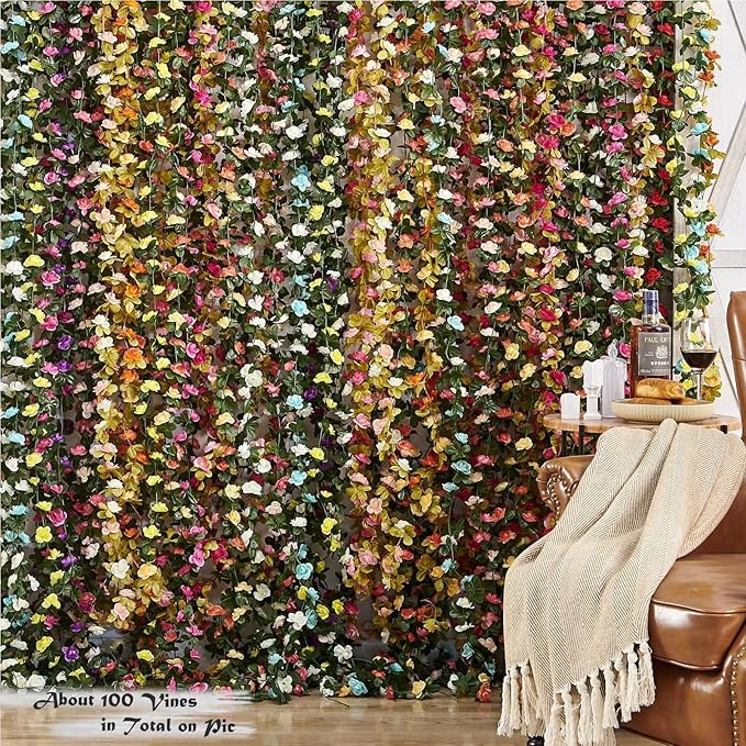 PONKING 8 Pcs x 8.2 ft Flower Garland Artificial Rose Vine Flowers with Green Leaves Hanging Fake Roses Vine for Room Party Home Wedding Birthday Christmas Wall Arch Decor, Fall Purple Flower