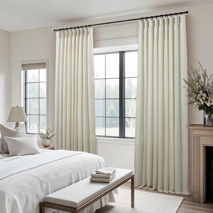 Beige Pinch Pleat Linen Curtains 84 Inch Length 2 Panels for Bedroom Living Room Light Filtering 60 Inch Wide Curtain Farmhouse Flax Linen Pleated Drape for Patio Sliding Door Back Tab 60x84 Long Ecru