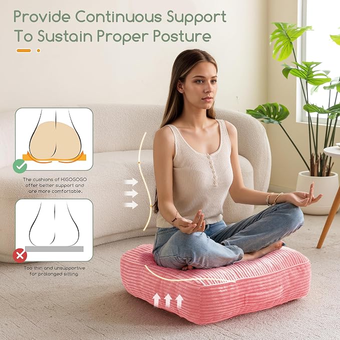HIGOGOGO 6" Extra Thick Floor Pillow Cushion for Adults, Meditation Cushion Pillow, Large Square Floor Sitting, Tufted Corduroy Cover, for Tatami Living Room or Yoga, 22x22 Inch, Pink