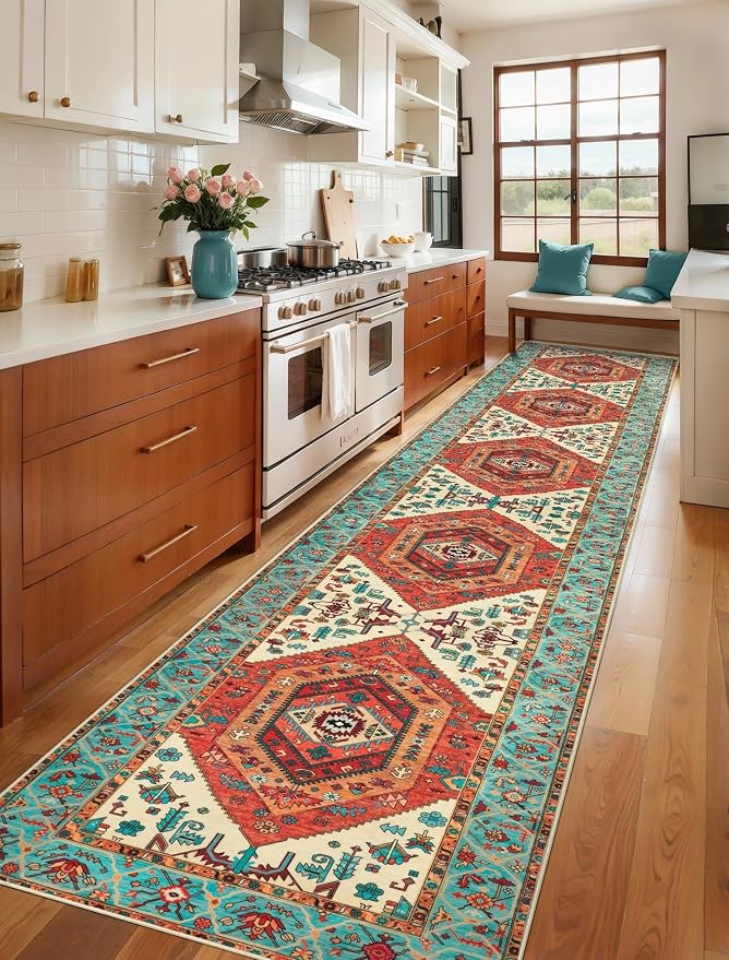 SERISSA Runner Rug for Hallways, 3x14 Washable Non Slip Kitchen Runner Rug, Extra Long Boho Rug Ultra Soft Vintage Orange Print Floor Carpet for Bedroom Hallway Entryway Bathroom Laundry Room