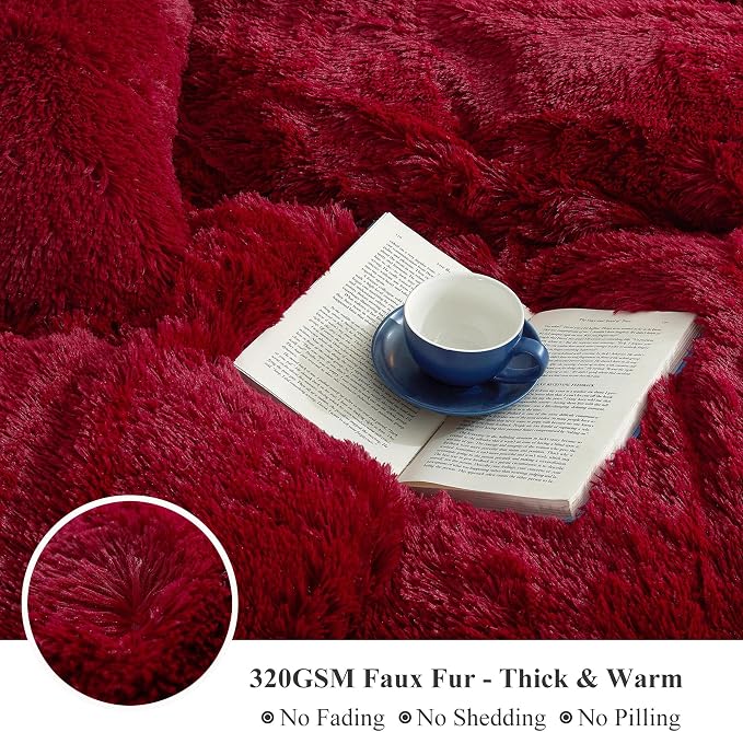 XeGe Plush Shaggy Duvet Cover Set, Luxury Soft Crystal Velvet Fluffy Furry Bedding Sets 3 Pieces(1 Faux Fur Fuzzy Comforter Cover + 2 Fuzzy Faux Fur Throw Pillow Shams), Zipper Closure (King, Red)