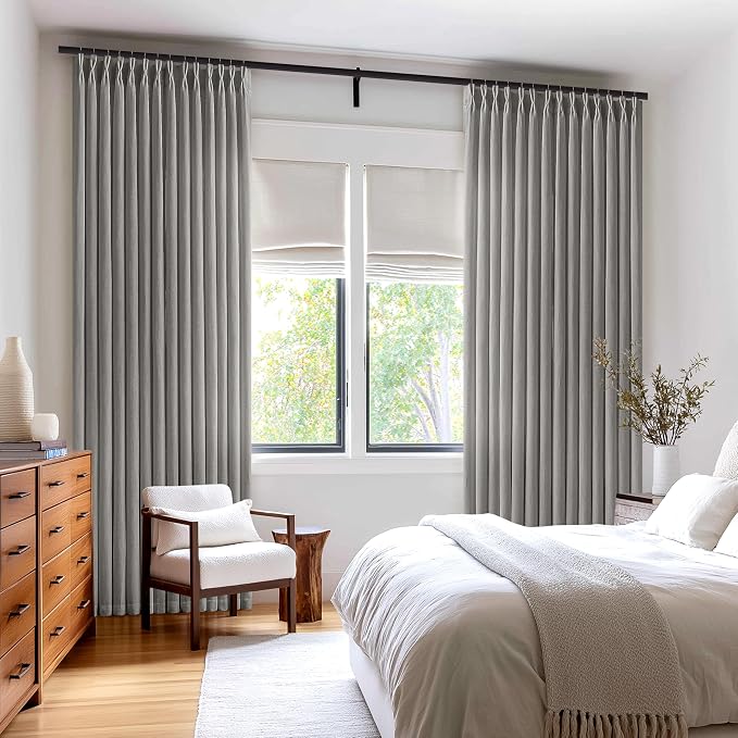 Grey Linen Curtains 96 Inches Long Memory Shape Trained Pinch Pleated Curtain for Living Room with Hooks Rings Back Tab Pinch Pleat Curtains 96 Inch Length for Boho Bedroom Dining Room Dove Gray