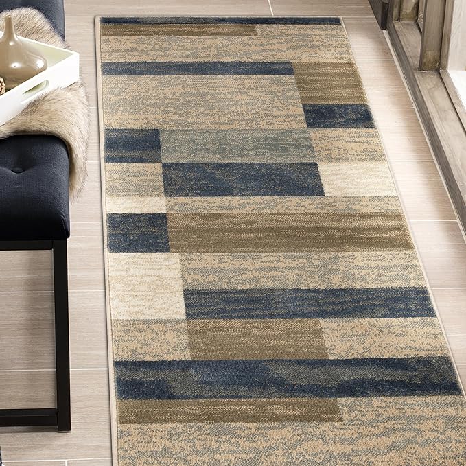 Superior Indoor Runner Rug, Jute Backed, Modern Geometric Patchwork Floor Decor for Bedroom, Office, Living Room, Entryway, Hardwood Floors, Rockwood Collection, 2' 7" x 8', Midnight Navy