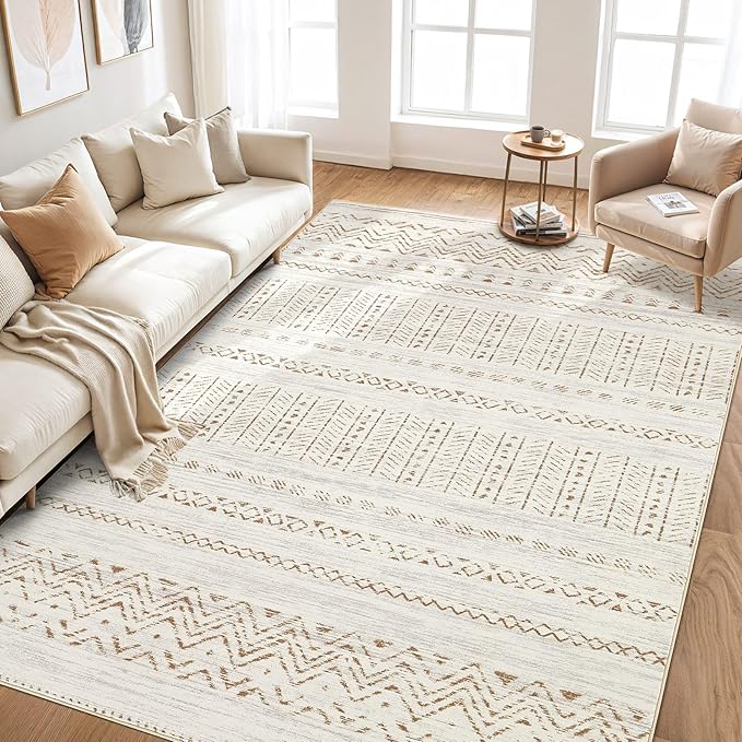 cotiled 10x12 Area Rug Living Room: Washable Boho Rugs with Non Slip Backing Large Soft Indoor Stain Resistant Carpet for Bedroom Farmhouse Dining Room Lightweight Home Decor Brown/Cream