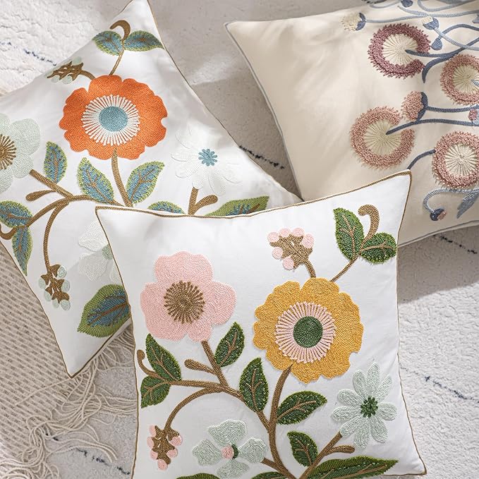 Green and Orange Throw Pillow Covers 18x18 Set of 2 Flowers with Leaves Embroidery Pillow Cushion Case Spring Summer Decorative Farmhouse Pillowcases Square Rustic Floral Pillow Case