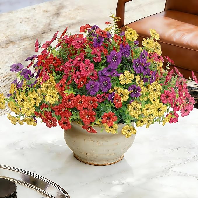 Senjie 24 Bundles Artificial Flowers Bulk for Outdoor Decor, UV Resistant Fake Plastic Flowers, Faux Flowers for Porch Patio Window Boxwood Garden
