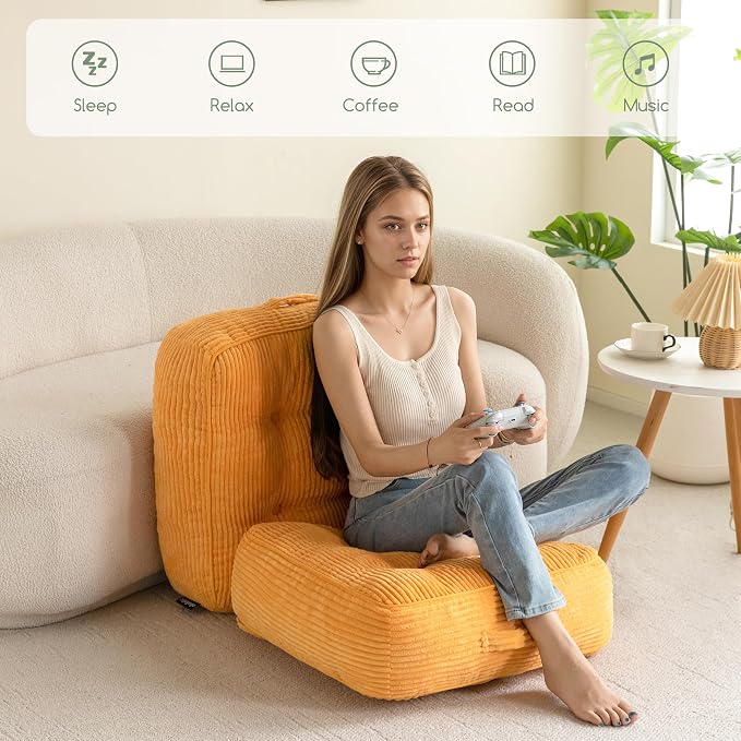 HIGOGOGO 8" Extra Thick Floor Pillow Cushion for Adults, Meditation Cushion Pillow, Large Square Floor Sitting, Tufted Corduroy Cover, for Tatami Living Room or Yoga, 22x22 Inch, 2Pack, Orange