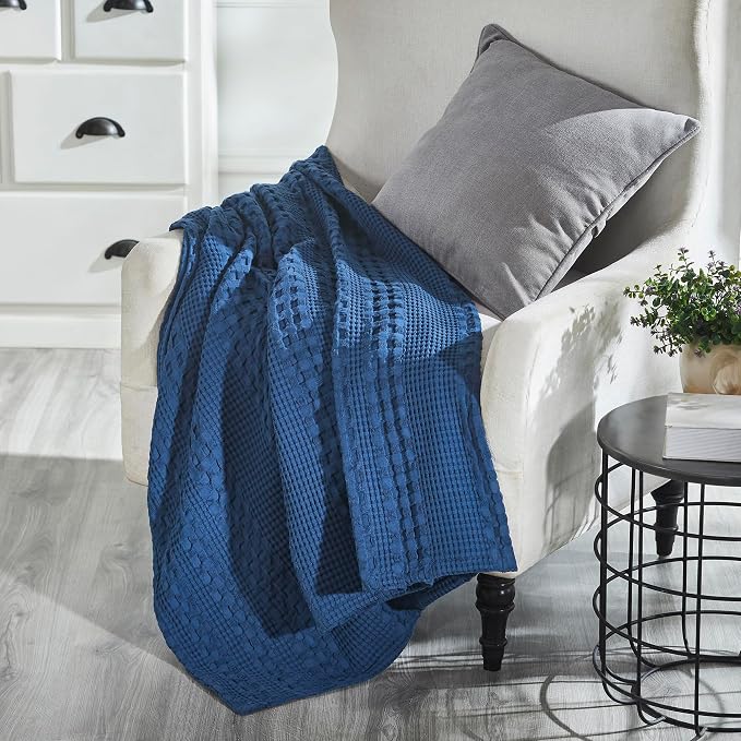 VHC Brands 100% Cotton Waffle Weave Navy Blue Throw 50x60, Decorative Cotton Throw Blanket, Boho Farmhouse Bedroom, Living Room Decor for Bed, Couch, or Sofa