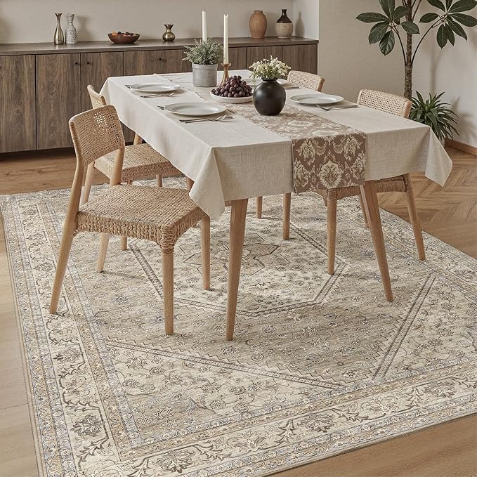 DCX Machine Washable Brown and Beige Area Rug 8x10, Non Slip Stain Resistant Vintage Floral Rug for Living Room Bedroom Nursery, Soft Low Pile Large Carpet
