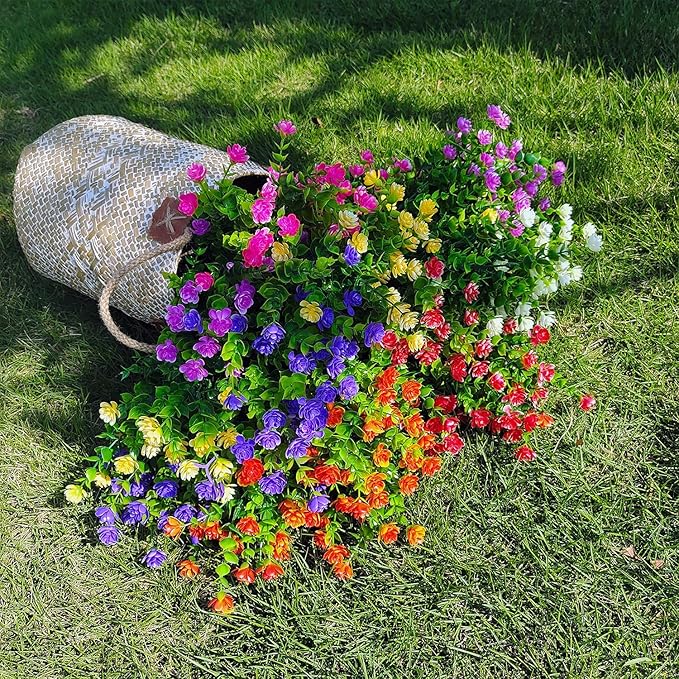 WEAUSUP 21 Bundles Outdoor Faux Plants UV Resistant Faux Bushes Plastic Artificial Flowers Fake Outdoor Plants for Home Garden Decor (7 Colors)