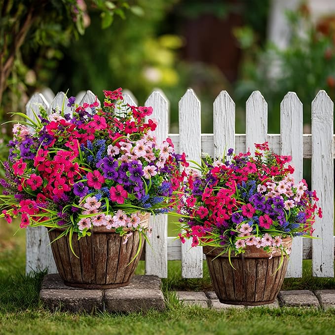 AXYLEX Artificial Flowers for Outdoors Fake Plants - 16 Bundles Faux Outside Greenery Boxwood No Fade Plastic Shrubs Fall Decor Farmhouse Home Garden Thanksgiving Mums (Mix White Purple Pink)