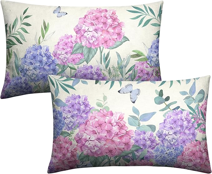 Pink Hydrangea Lumbar Pillow Covers Spring Flowers Outdoor Pillow Covers 12x20 Set of 2 Purple Pink Hydrangea Eucalyptus Pillow Case Cotton Linen Cushion Case for Sofa Garden Patio