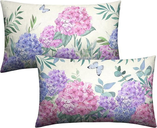 Pink Hydrangea Lumbar Pillow Covers Spring Flowers Outdoor Pillow Covers 12x20 Set of 2 Purple Pink Hydrangea Eucalyptus Pillow Case Cotton Linen Cushion Case for Sofa Garden Patio