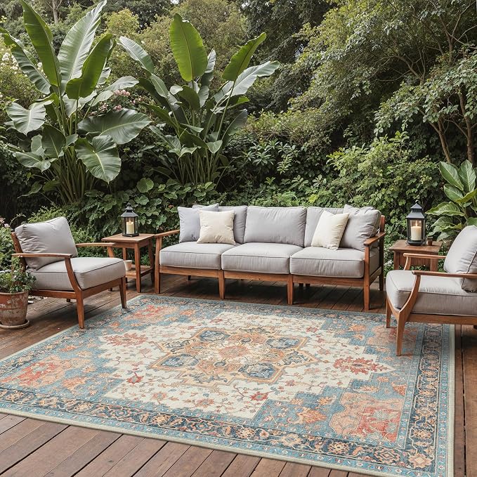 GENIMO Outdoor & Indoor Area Rug 8'x10', Waterproof, Non-Shedding, Easy Cleaning, Boho Mat for Patio, Living Room, Balcony, Dining Room, RV, Deck, Bedroom, Camping, Outside Carpet,Blue Salmon