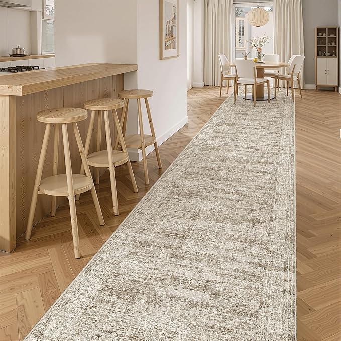 Soalmost Runner Rug 2'6" x 14' Washable Non-Slip Runner Rugs for Kitchen Bathroom Laundry Room Vintage Ultra Thin Runners for Hallway Entryway Brown