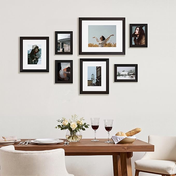 eletecpro Gallery Wall Frame Set of 7, Multiple Sizes Solid Wood Picture Frames Collage Wall Decor Including 1Pc 11x14, 2Pcs 8x10, 4Pcs 5x7 Photo Frames, Black