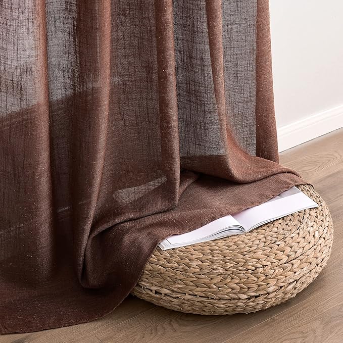 MIULEE Chocolate Brown Linen Curtains 63 Inch Length 2 Panels for Bedroom Living Room, Soft Thick Linen Textured Kitchen Window Drapes Semi Sheer Light Filtering Back Tab Rod Pocket Burlap Look Decor