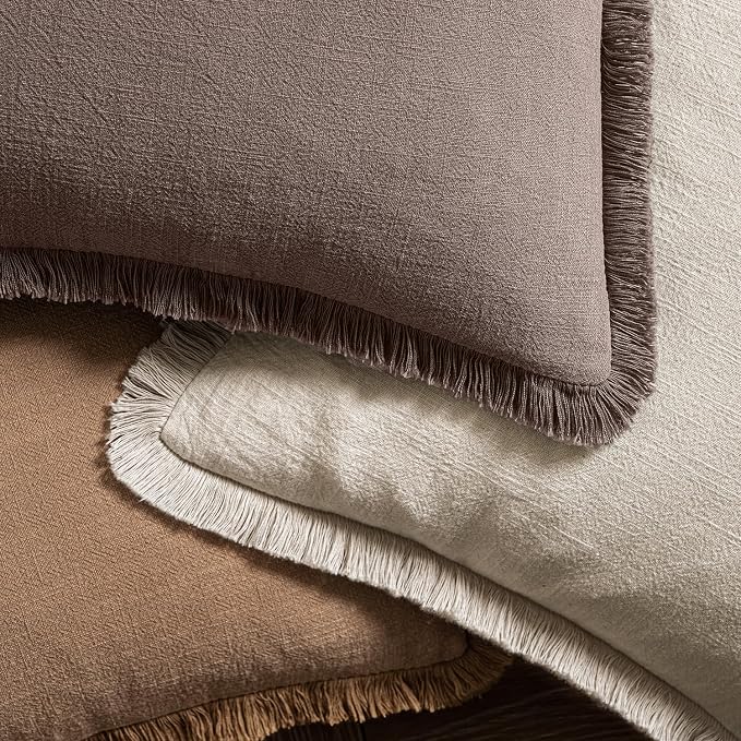 MIULEE Decorative Throw Pillow Covers Neutral Linen Fringe Throw Pillows Set of 2 Malt Ball Boho Farmhouse Cushion Covers with Tassels for Couch Sofa Bed Living Room Fall Decor 20x20 Inch
