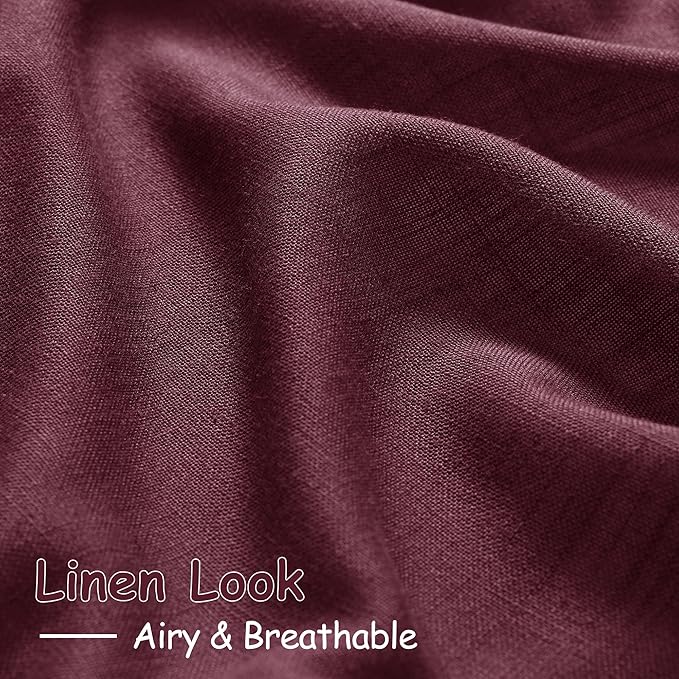 Nanspring Burgundy Linen Curtains 102 Inches Long Rod Pocket Back Tab Drapes 2 Panels Set for Living Room Bedroom Light Filtering Semi Sheer Burgundy Curtain 102 Length for Patio Door 52x102