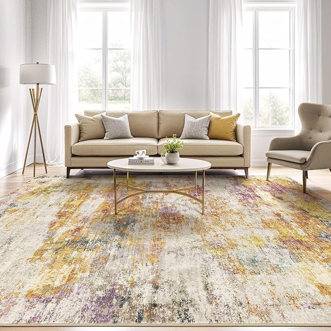 12x18 Area Rugs Living Room: Washable Large Abstract Modern Soft Stain Resistant Indoor Floor Rugs Non-Slip Accent Carpet for Bedroom Nursery Playroom Office Dining Room Dorm Home House- Gold Colorful