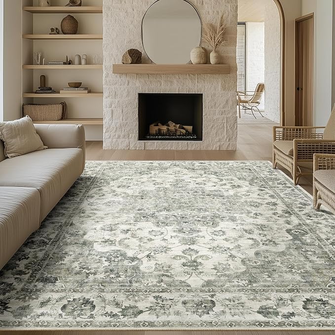 8x10 Washable Neutral Area Rug Green Vintage Living Room Bedroom Carpet Non-Slip Soft Low Pile Farmhouse Indoor Large Throw Rug for Dining Room Office