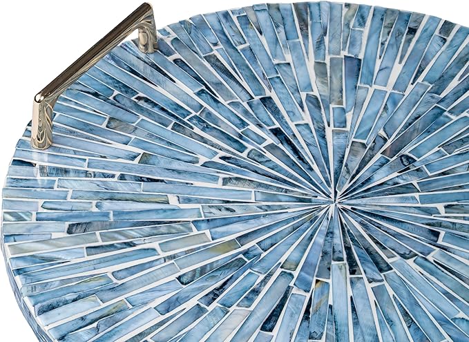 PEMAR Mother of Pearl Decorative Tray, 13" Round Versatile Display and Serving Tray with Gold Handles, Vanity/Perfume/Trinket Catchall for Dresser, Bathroom, Vanity Table (Blue Starburst)