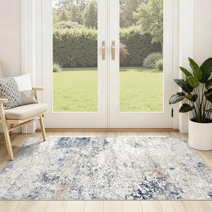 DMOYEST Washable Area Rug: 3x5 ft Abstract Small Rugs for Entryway Kitchen Living Room Bedroom - Non Slip Modern Neutral Carpet Indoor Front Door - Beige Blue