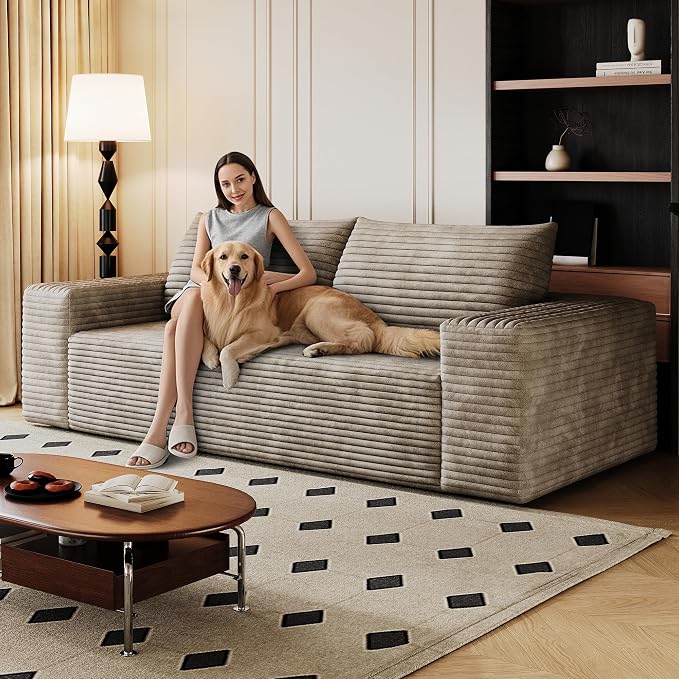 JINGLING 71" Small Couches for Small Spaces | Boneless Couch in a Box: Compressed Sofa | Apartment Furniture Love Seat for Living Room & Bedroom | No Assembly | Corduroy | Camel