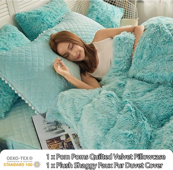 LIFEREVO Luxury Plush Shaggy Duvet Cover Set, Soft Velvet Fluffy Furry Duvet Cover Set(1 Faux Fur Fuzzy Comforter Cover + 1 Pom-poms Pillow Sham) Bedding Set, Zipper Closure(Twin/Twin XL,Ombre Aqua)