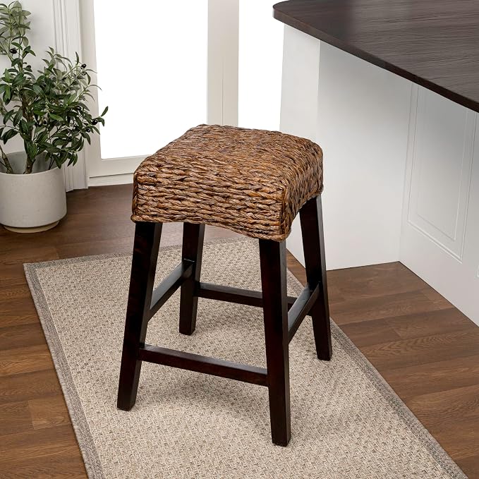 JONATHAN Y Maui Coastal Woven Water Hyacinth Counter Stool, Mango Wood Frame, 26" Backless Counter Stool for Kitchen Island with Integrated Footrest, Fully Assembled, Coastal, Dark Brown CSL1101C