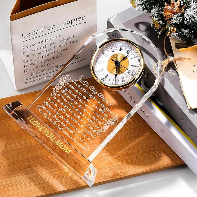 Ornalrist Gifts for Mom Crystal Clock Form Son Daughter on Mother's Day, Birthday - to My Mom Crystal Clock for Mother Desk Home Decor (8.8in, Gift Boxed)