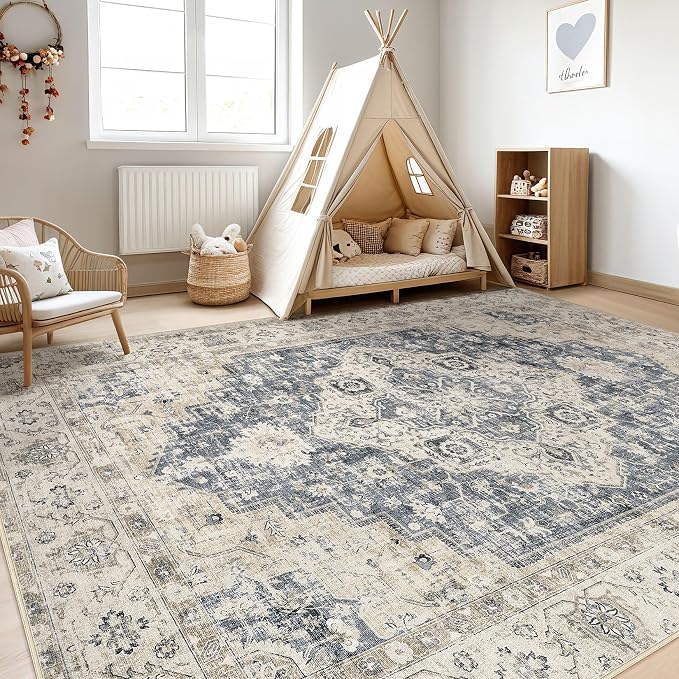 7x9 Area Rug Living Room: Washable Boho Large Neutral Vintage Soft Rug Stain Resistant Distressed Farmhouse Non-Slip Indoor Floor Carpet for Bedroom Nursery Kids Office Dining Room- Brown Blue