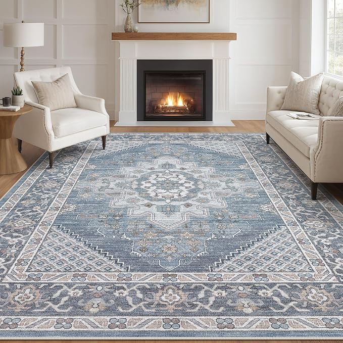 Tortania Area Rug Living Room Rugs - 9x12 Washable Boho Rug Vintage Oriental Distressed Farmhouse Large Thin Indoor Carpet for Living Room Bedroom Under Dining Table Home Office - Blue
