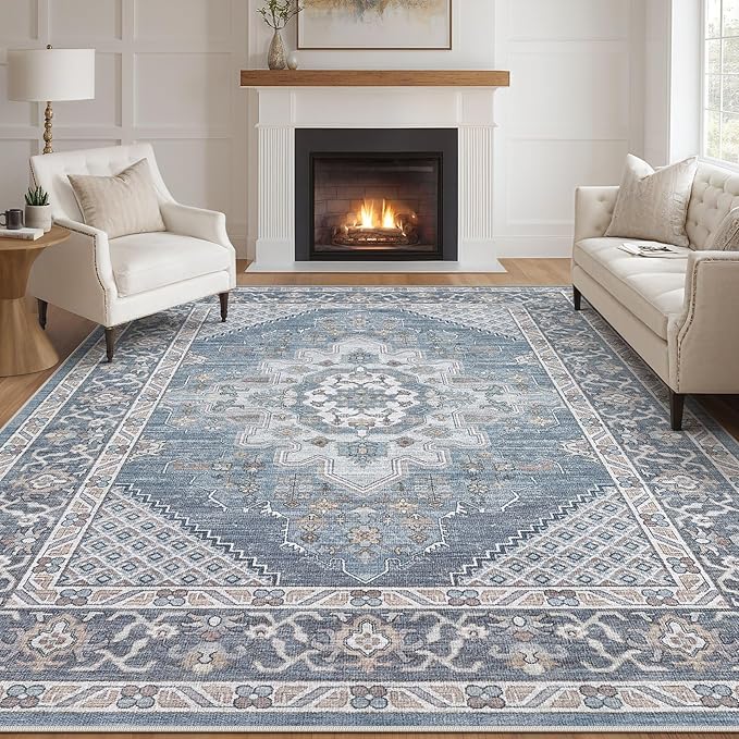 Tortania Area Rug Living Room Rugs - 8x10 Washable Boho Rug Vintage Oriental Distressed Farmhouse Large Thin Indoor Carpet for Living Room Bedroom Under Dining Table Home Office - Blue