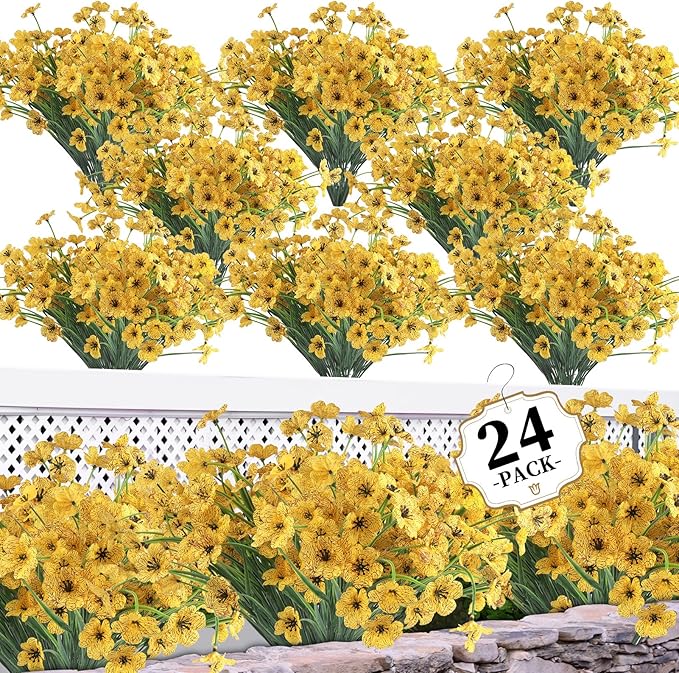 ColoPlay 24 Yellow Bundles Artificial Flowers for Outdoors/Indoors Fake Flowers Plants for Indoor Outside Garden Porch Window Box Home Wedding Farmhouse