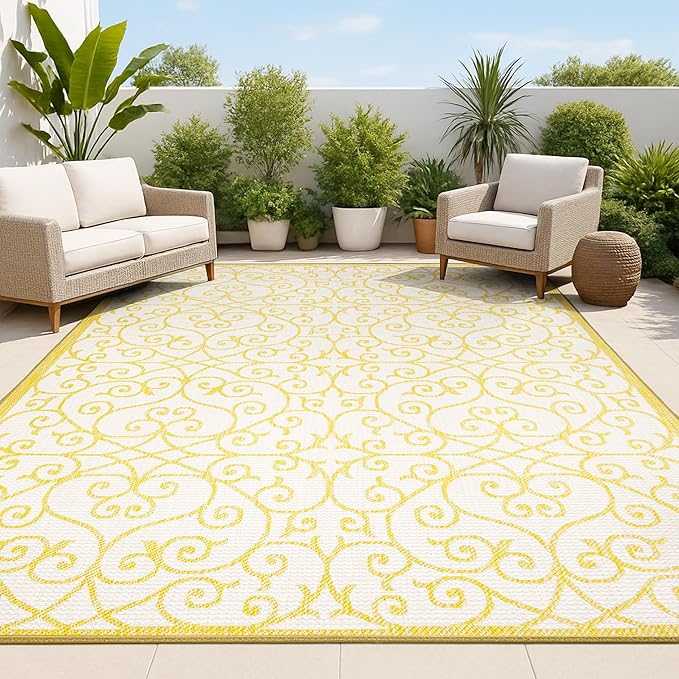 JONATHAN Y Vintage Filigree Indoor Outdoor Area Rug 4X6 Cream/Yellow, Madrid Textured Weave for Backyard, Patio, Porch, Easy-Cleaning, High Traffic, Pet-Friendly, Non-Shedding (SMB107D-4)