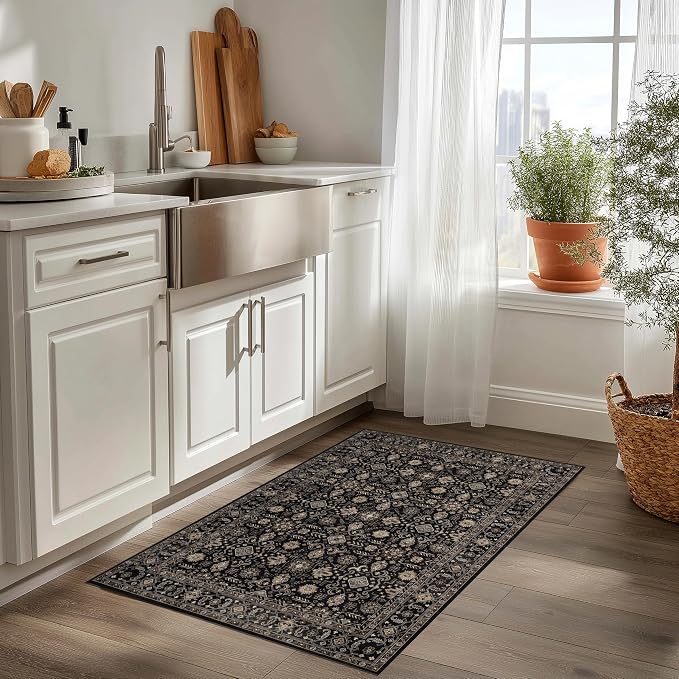 Ruaruarug Washable Area Rug 2x3 for Kitchen Entryway Living Room Bedroom, Ultra Soft Non Slip Stain & Fade Resistant, Pet & Kids Friendly, Suitable for High Traffic Areas Easy to Clean, Black Gold