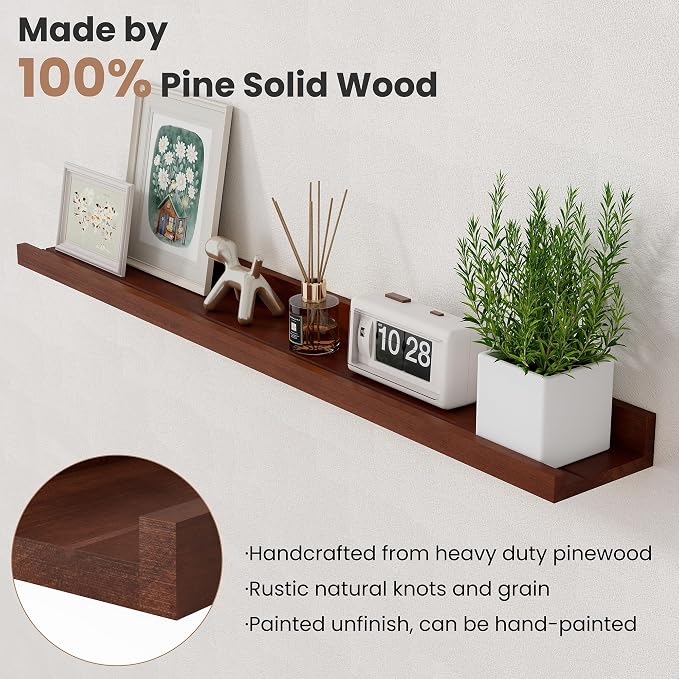 Acovy Floating Shelves for Wall, 24 inch Solid Wood Picture Ledge Shelf, Picture Shelf for Wall with Ledge, Floating Book Shelves for Living Room Bedroom Kitchen Nursery Decor, Walnut, Set of 2