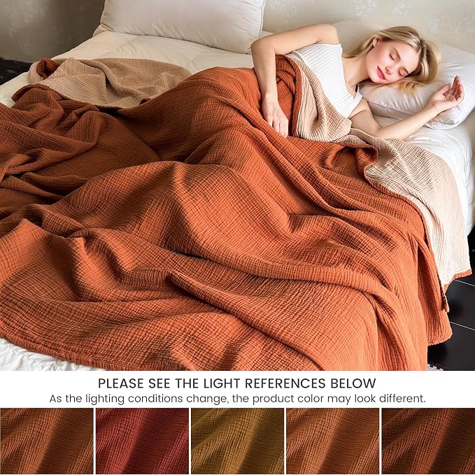 FALUCA Cotton Muslin Cooling Reversible Blanket Queen Size for Bed, Couch, Four Layers Blanket, Soft Lightweight Cozy Breathable Farmhouse Decoration for Summer, Camel