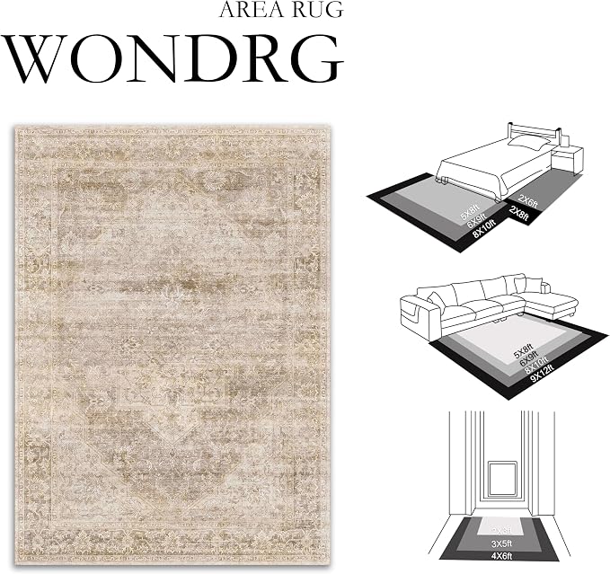 4x6 Washable Neutral Area Rug Beige Vintage Entryway Bathroom Carpet Non-Slip Soft Low Pile Oriental Indoor Throw Rug for Living Room Dining Room