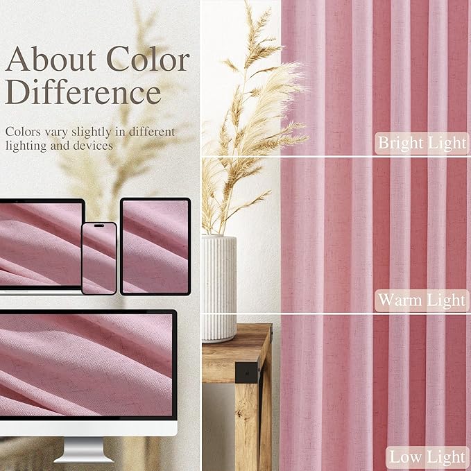 Nanspring Rose Linen Curtains 108 Inches Long 2 Panels Set with Back Tab Loop Pocket Light Filtering Semi Sheer Boho Decor Extra Long Drapes for High Ceiling Living Room 52x108