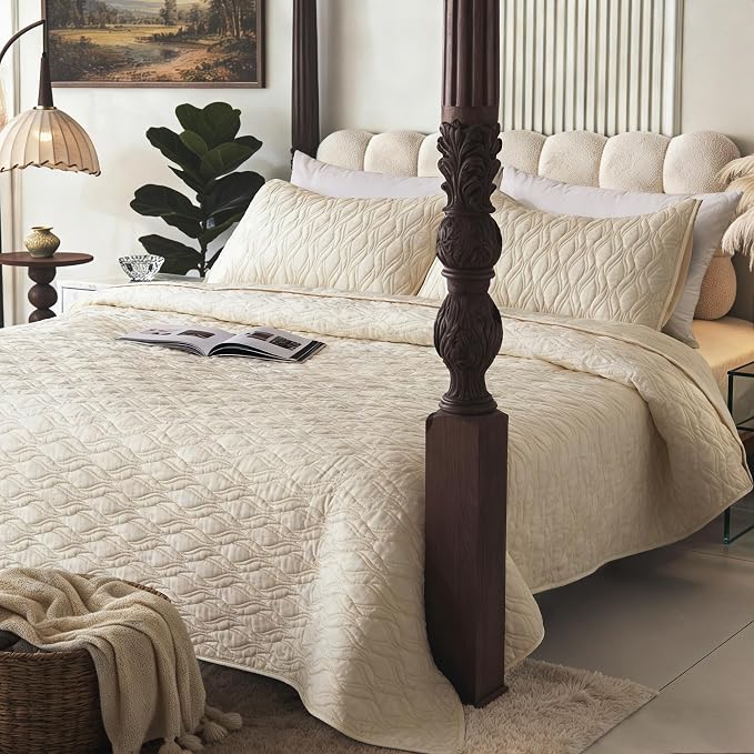 Velvet Quilt Set California King Size 106x118 Soft Bedding Set 3 Pieces Neutral Luxury Bedspread Farmhouse Comforter with 2 Pillow Shams 20x36 for All Seasons,Beige