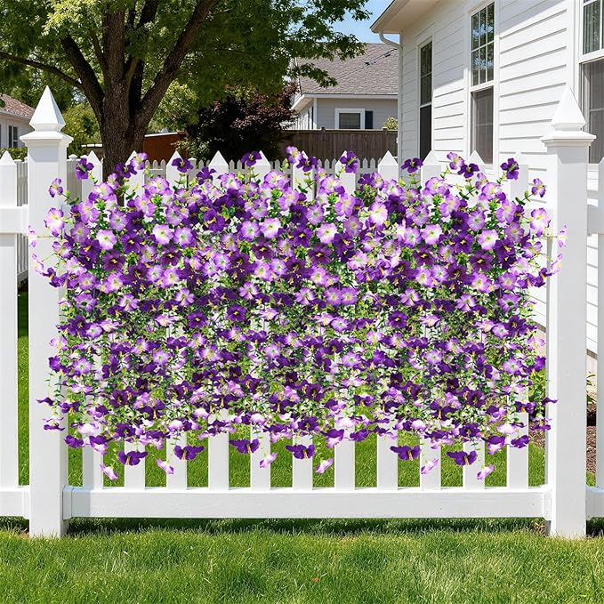 Artificial Fake Flowers Plants for Outdoor Spring Summer Decoration,2 PCS Faux Silk Morning Glory with Eucalyptus Leaves,UV Resistant Realistic Outdoor Flowers for Balcony Porch Patio Yard Garden