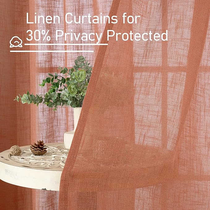 LAMIT Linen Curtains for Living Room 120 Inches Long, Back Tab and Rod Pocket Semi Sheer Panels Light Filtering Farmhouse Drapes for Bedroom/Dining Room, Terracotta, Set of 2, 52 x 120 Inch