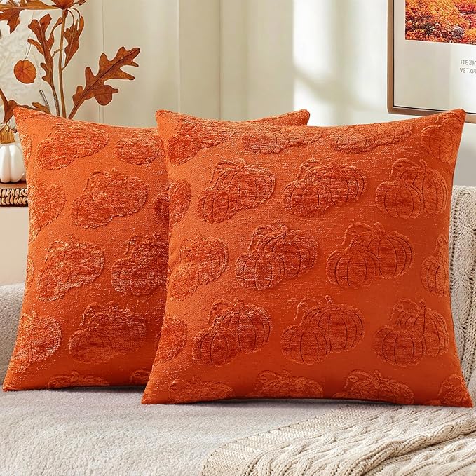 decorUhome Decorative Two Rust Pumpkins Thanksgiving Throw Pillow Covers 20x20 Set of 2, Soft Chenille Jacquard Farmhouse Textured Pillow Covers for Couch Bed Sofa Autumn Harvest Halloween Holiday