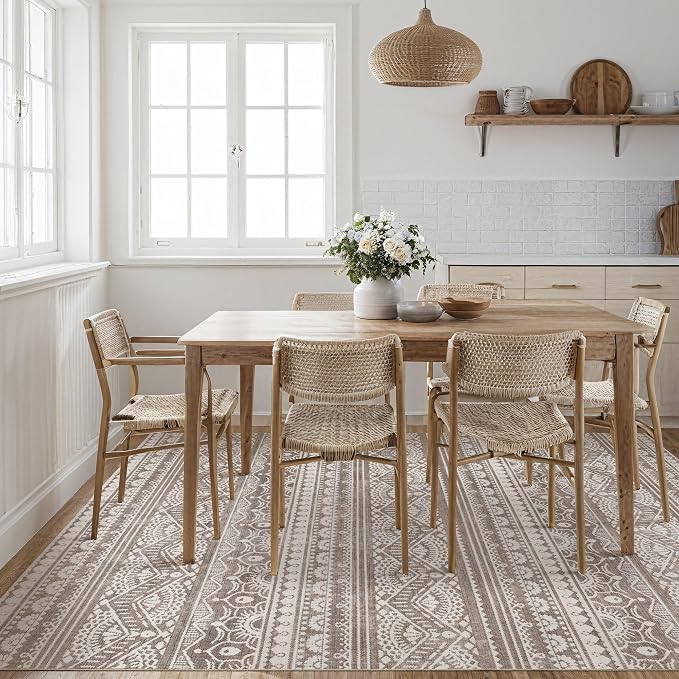 Tortania Area Rug Living Room Rugs - 9x12 Washable Large Soft Neutral Boho Moroccan Bohemian Farmhouse Rug Indoor Floor Carpet for Bedroom Under Dining Table Home Office Decor - Dark Brown