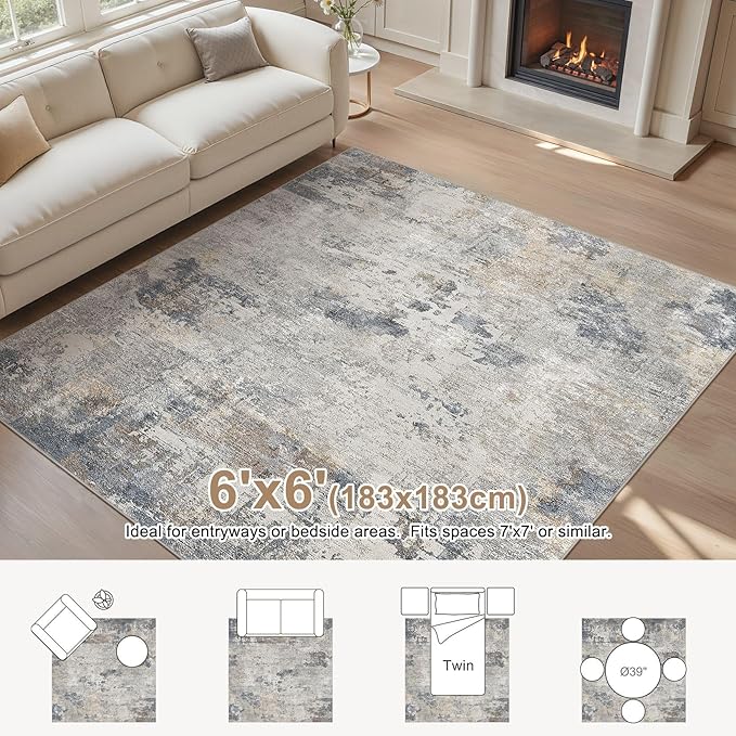 UERMEI Square Area Rugs : Washable 6x6 Neutral Modern Abstract Carpet for Living Room Bedroom - Soft Floor Mat with Non Slip Backing for Kitchen Nursery Dorms Farmhouse Home Decor - Blue Grey