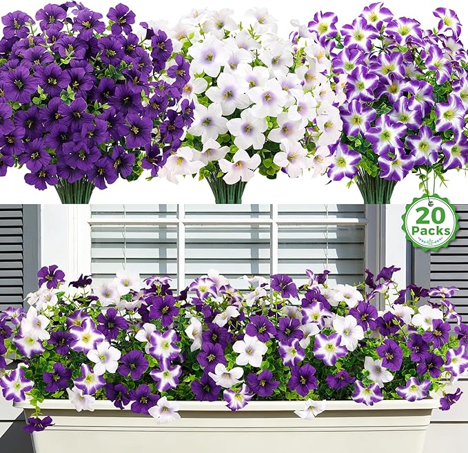 20 Bundles Artificial Petunias Flowers for Outdoors, Faux Silk Flowers UV Resistant Realistic Fake Plants for Outside Planters Porch Patio Yard Garden Spring Summer Home Decor, Purple White