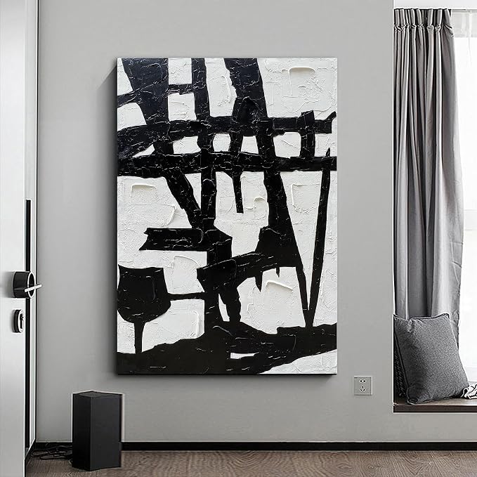 NANKAI Hand-Painted Black and White Wall Art Minimalist Black and White Abstract Painting Large Oil on Canvas Texture Wall Art 45x30 inches