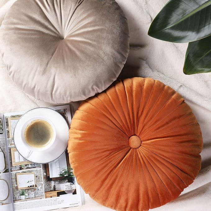 Teieas Velvet Round Throw Pillow Pleated Round Pillow Cushion Decoration for Couch Chair Bed Car Orange